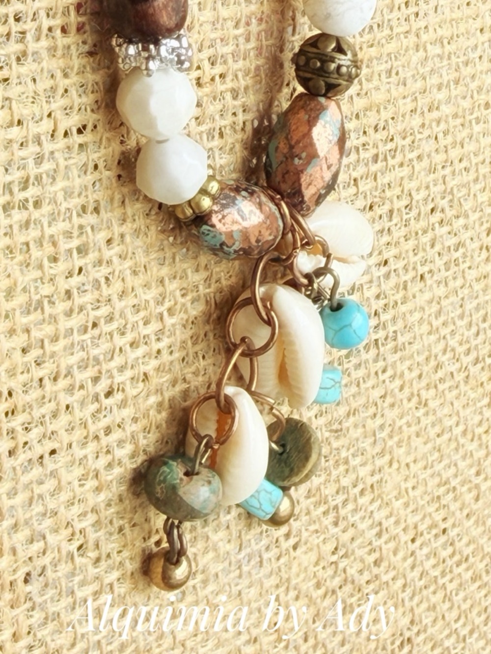 Summer boho + Baroque +White and Turquoise Shell Bead Necklace - Picture 4 of 7
